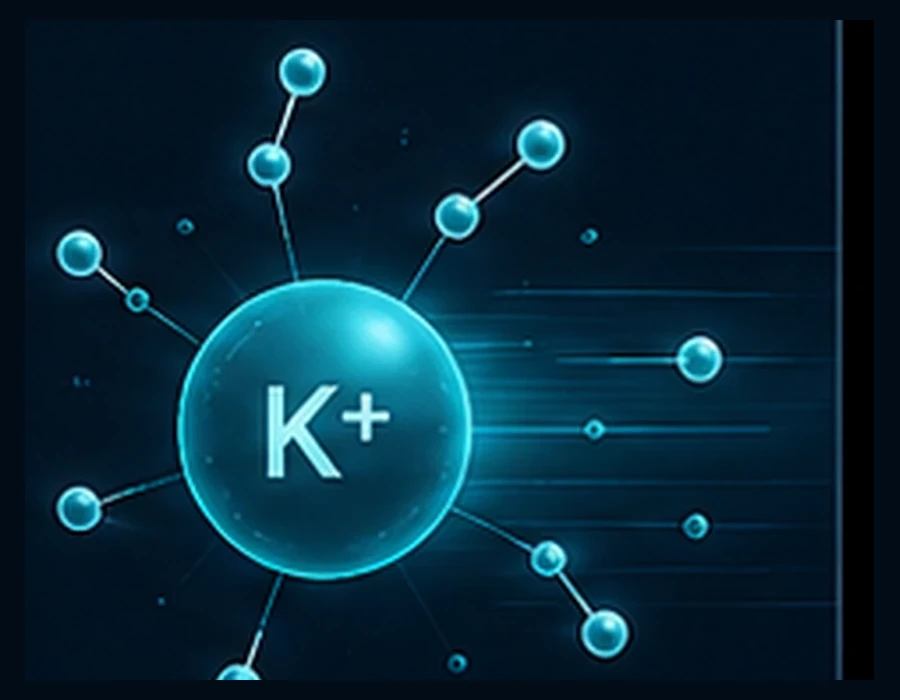 QED-blue potassium-ion graphic representing high-rate performance.