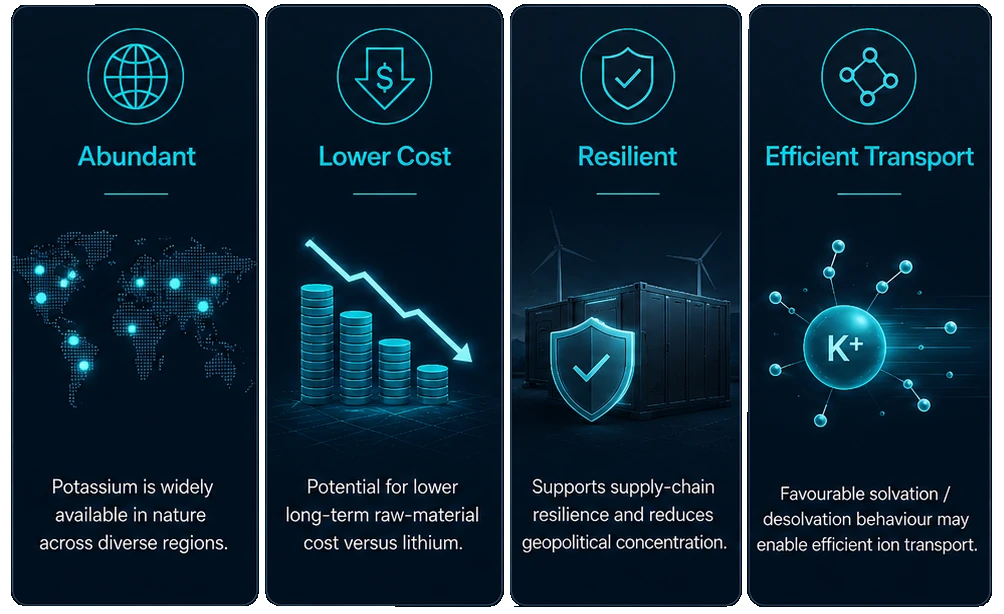 Four QED platform themes: abundant potassium, potential for lower long-term material cost, supply-chain resilience and efficient transport opportunity.