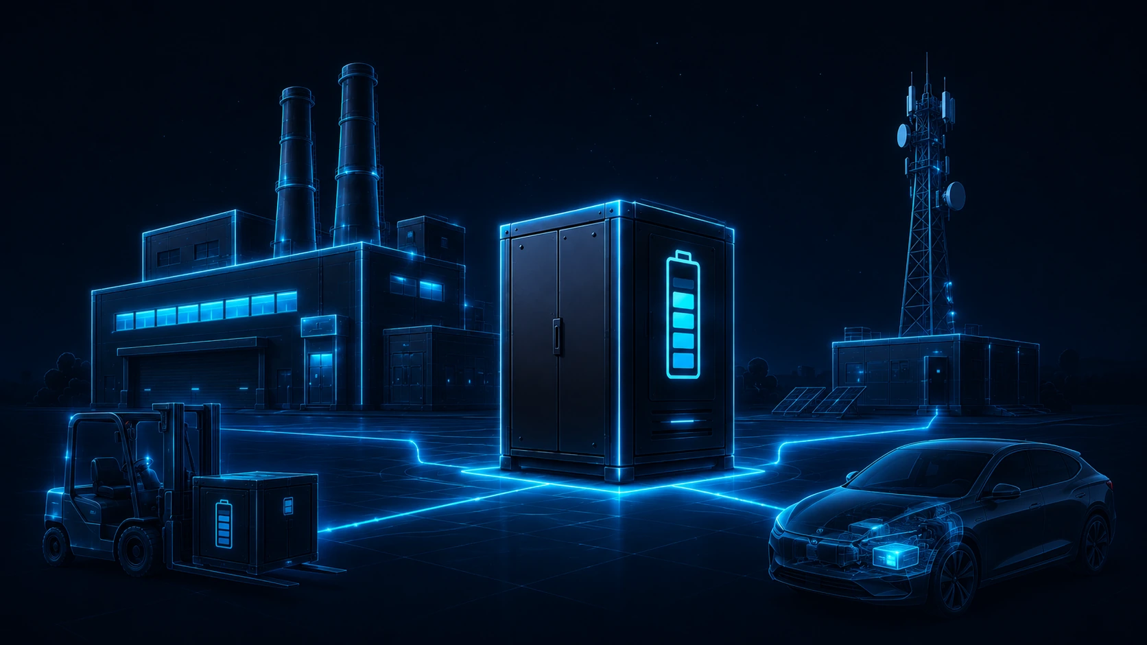 Stylised energy-storage scene linking industrial backup, telecom infrastructure, materials handling and EV auxiliary power.