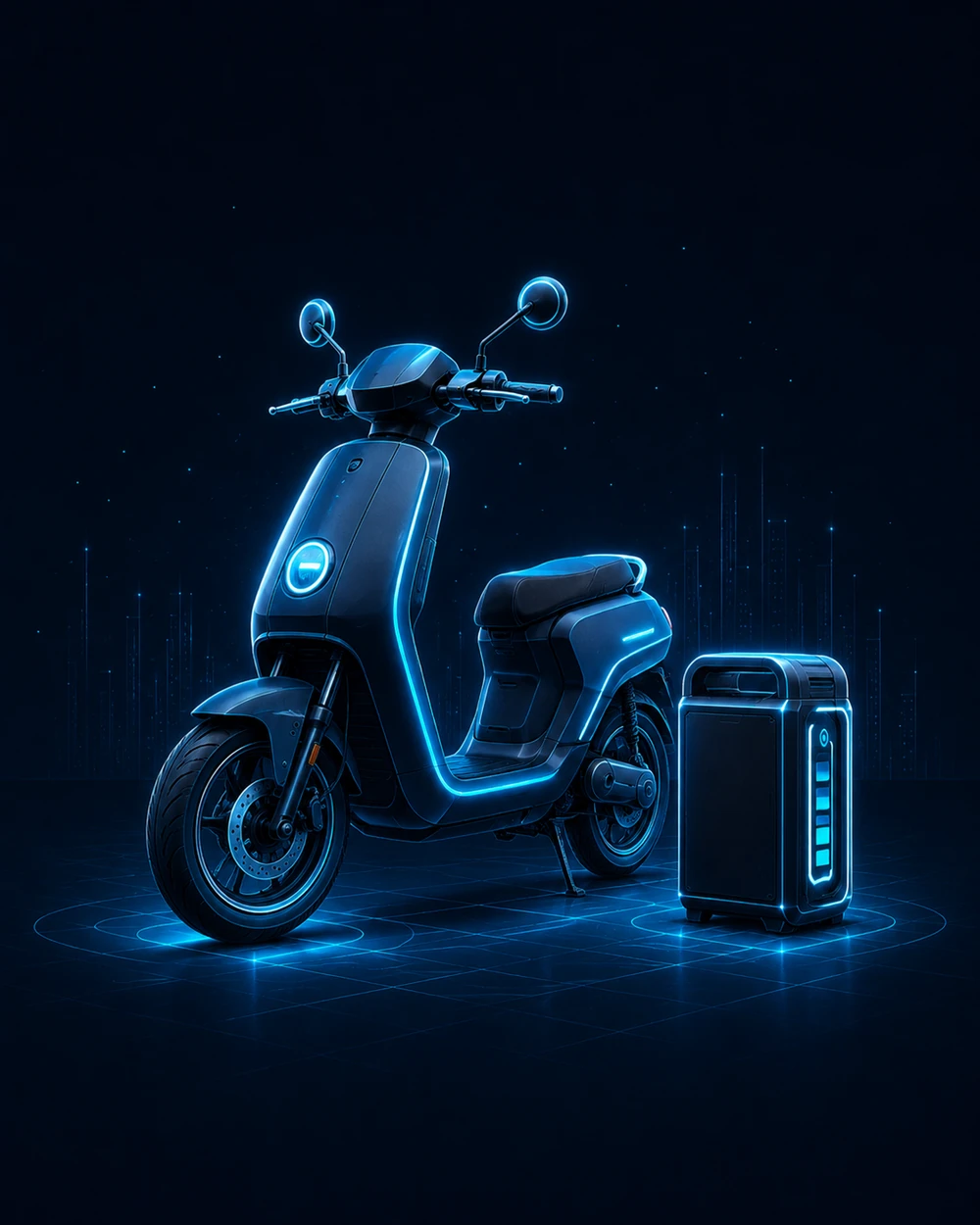 Stylised electric light-mobility vehicle and battery module.