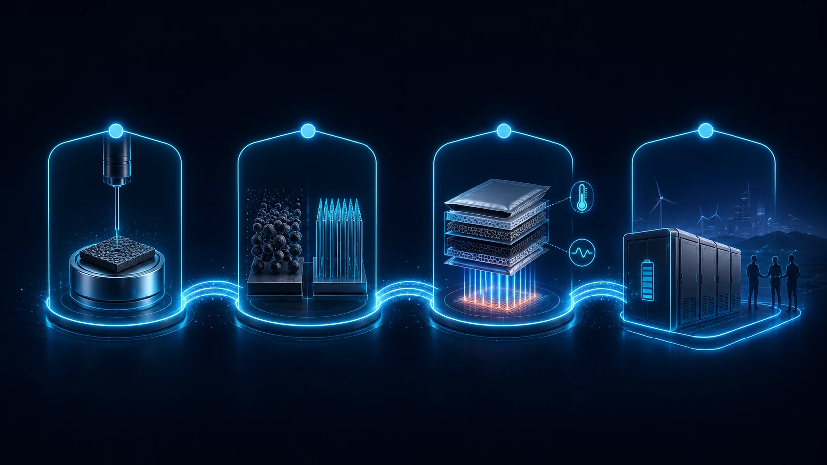 Four connected development workstreams progressing from materials testing through architecture comparison and cell validation to infrastructure application.